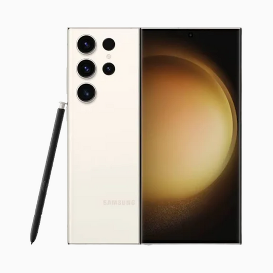 Smartphone Samsung S23 Ultra en blanc avec S Pen intégré et écran élégant