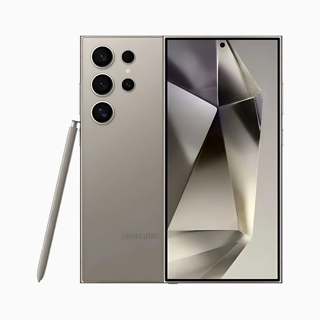 Samsung S24 Ultra smartphone in gold with multiple rear cameras and S Pen stylus